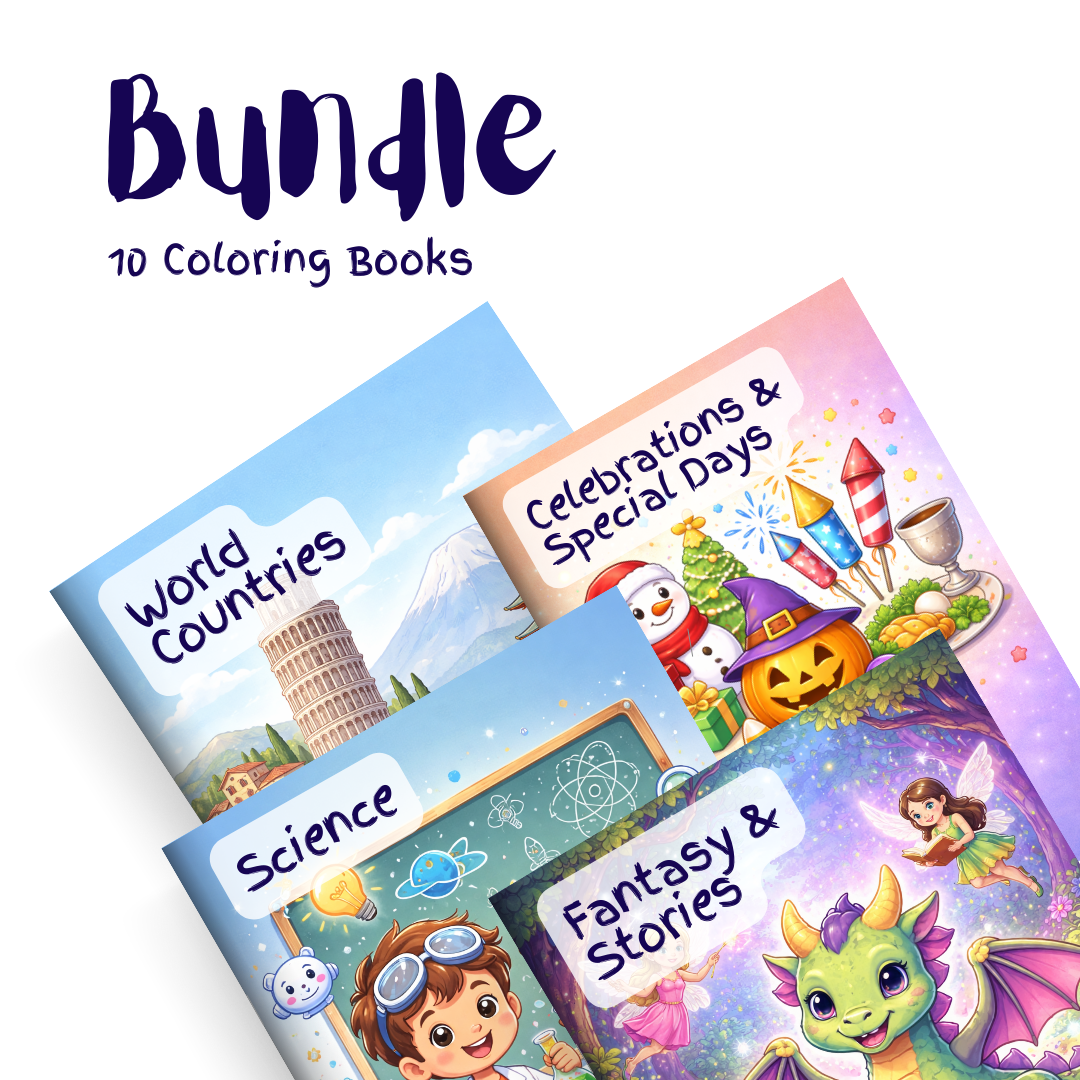 Learning, Travel & Fantasy Bundle – 10 Coloring Books